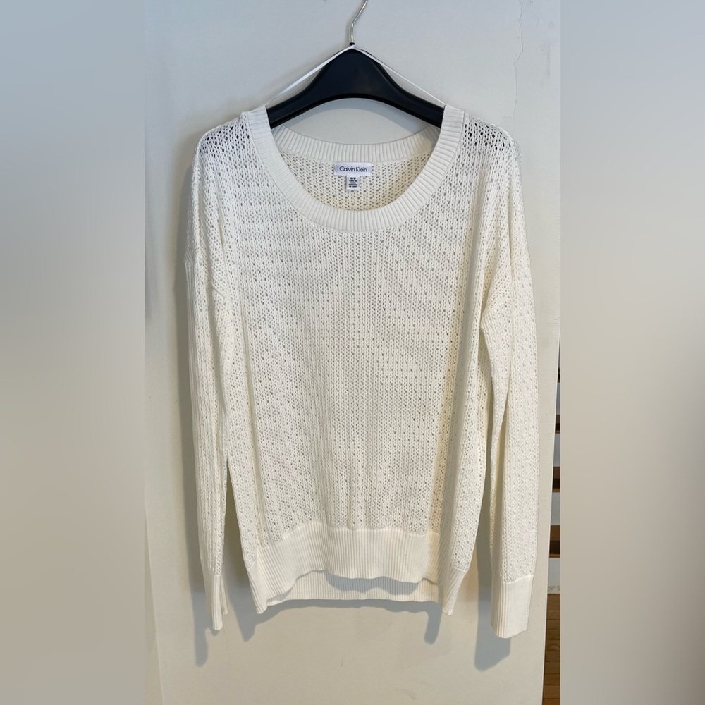NWOT Calvin Klein white pointelle cotton blend sweater, size small